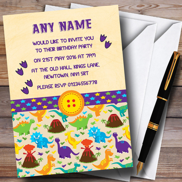 Dinosaur Purple Stars Button Personalised Children's Birthday Party Invitations