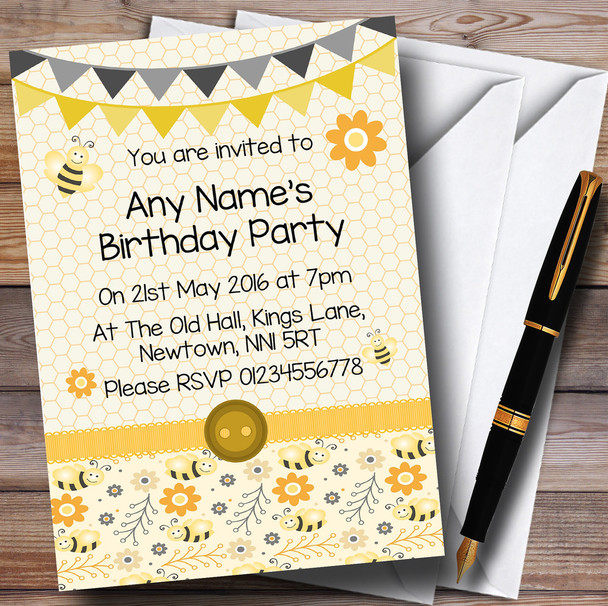 Yellow And Black Cute Bumble Bee Honeycomb Children's Kids Party Personalised Invitations