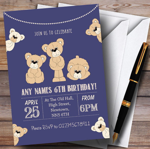 Cute Teddy Bears Blue Children's Birthday Party Invitations