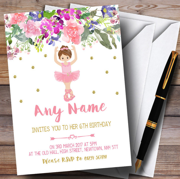 Floral Gold Ballerina Ballet Children's Birthday Party Invitations