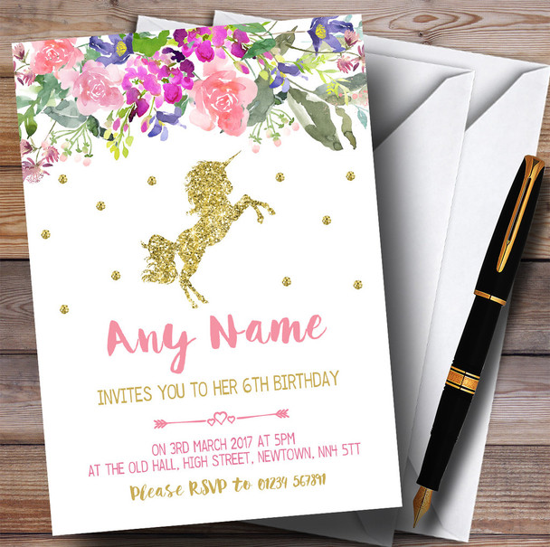 Floral Gold Unicorn Children's Birthday Party Invitations