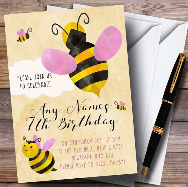 Girls Bumble Bee Cloud Children's Birthday Party Invitations Girls Bumble Bee Cloud Children's Birthday Party Invitations