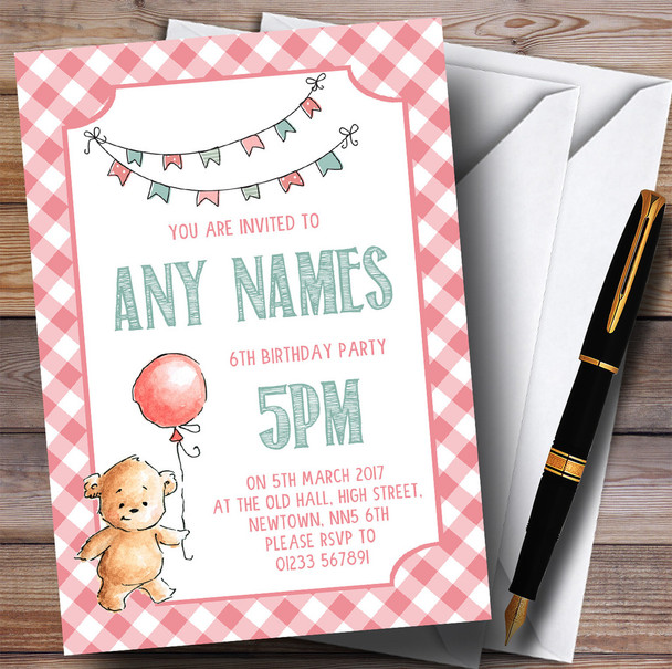 Girls Pink Teddy Bear Picnic Children's Birthday Party Invitations