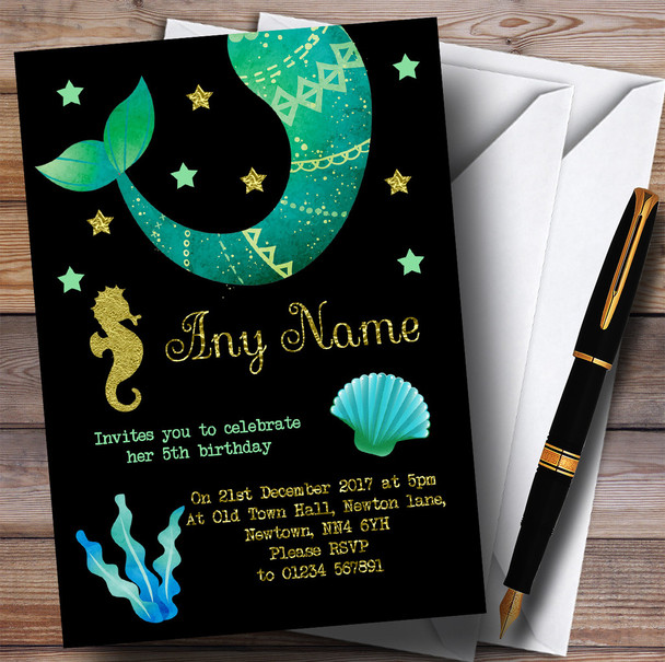 Gold & Black Mermaid Children's Birthday Party Invitations