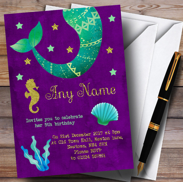 Gold & Purple Mermaid Children's Birthday Party Invitations