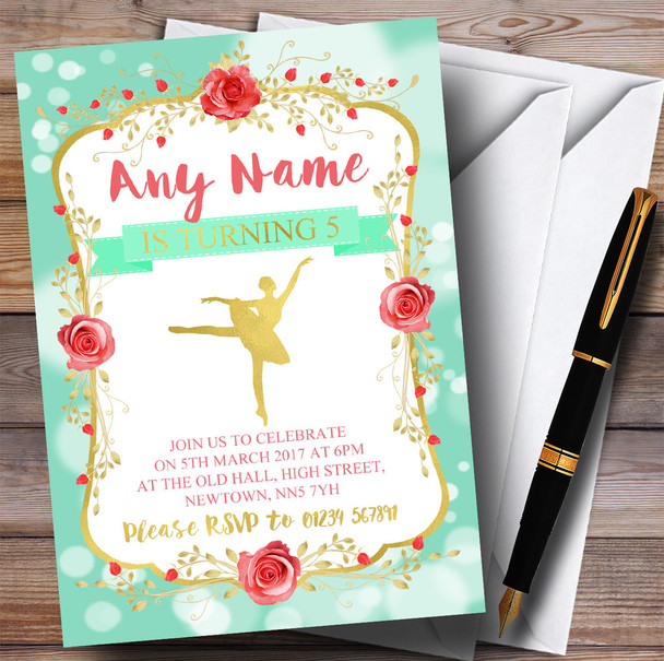 Green & Gold Ballerina Ballet Children's Birthday Party Invitations