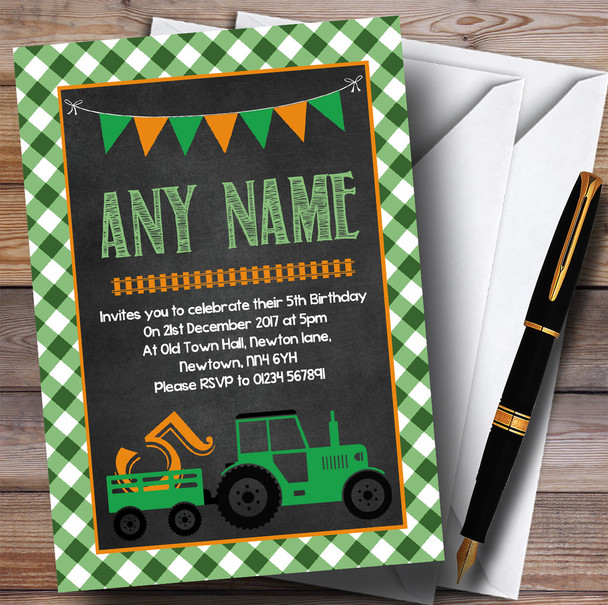 Green Country Farm Tractor Children's Birthday Party Invitations