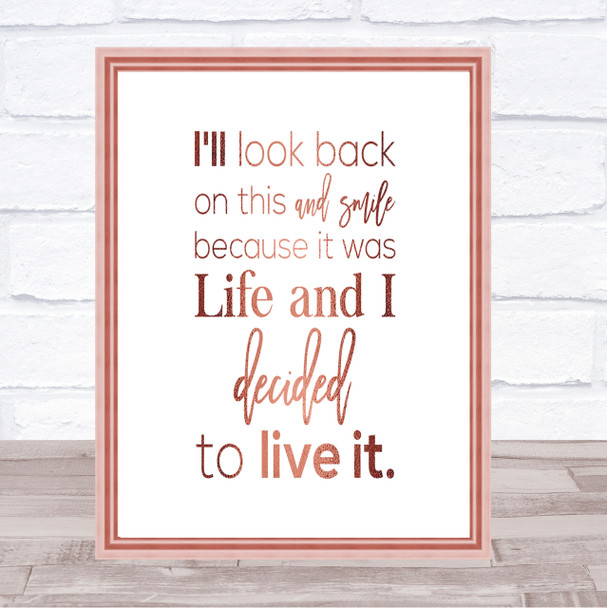 Look Back And Smile Quote Print Poster Rose Gold Wall Art
