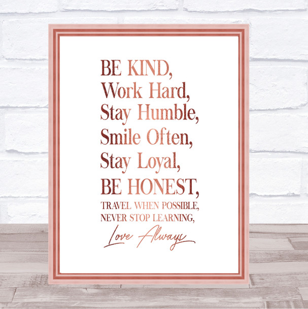 Be Kind Work Hard Quote Print Poster Rose Gold Wall Art