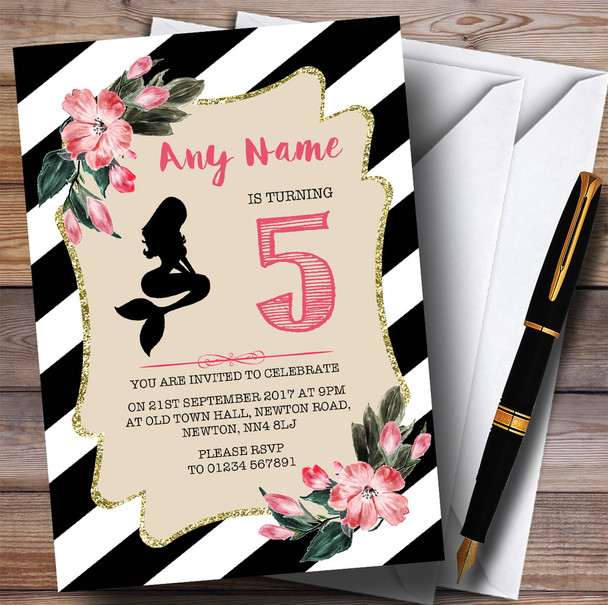 Black & White Floral Mermaid Children's Birthday Party Invitations