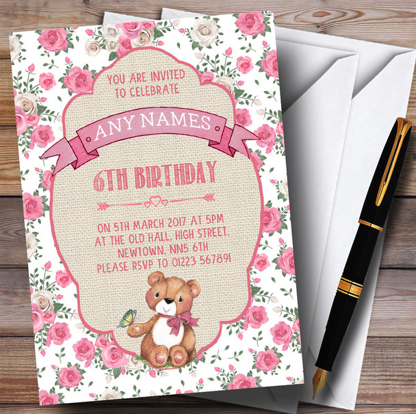 Pink Roses Girls Teddy Bear Picnic Children's Birthday Party Invitations