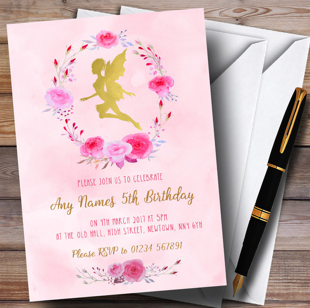 Pink Watercolour Pixie Fairy Girls Children's Birthday Party Invitations