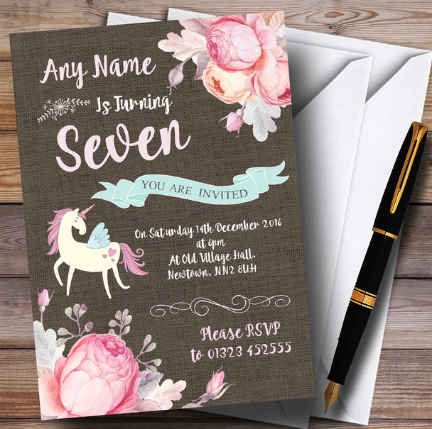 Pretty Floral Burlap Unicorn Children's Birthday Party Invitations