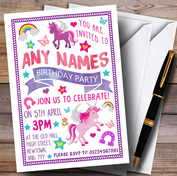 Pretty Pink Purple Unicorn Children's Birthday Party Invitations