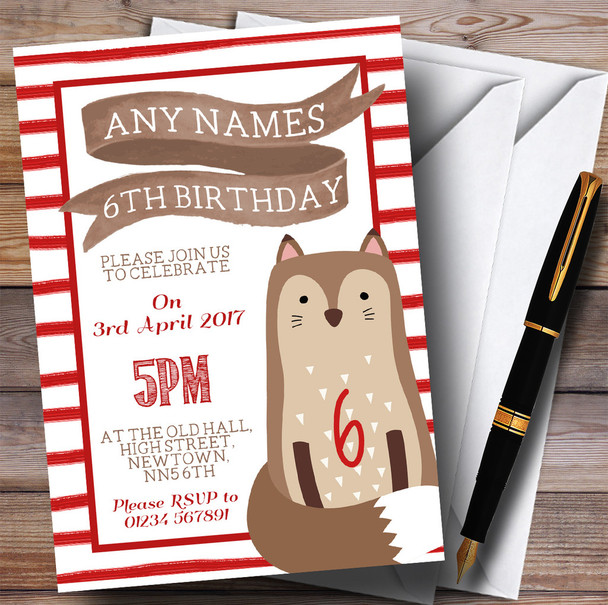 Red Stripes Fox Children's Birthday Party Invitations