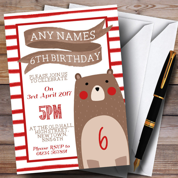Red Stripes Teddy Bear Children's Birthday Party Invitations