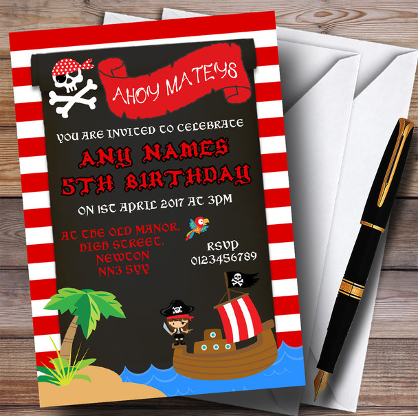 Stripy Red Girls Pirate Children's Birthday Party Invitations