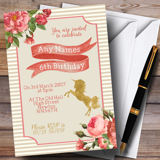 Stripy Floral Pink Gold Unicorn Children's Birthday Party Invitations