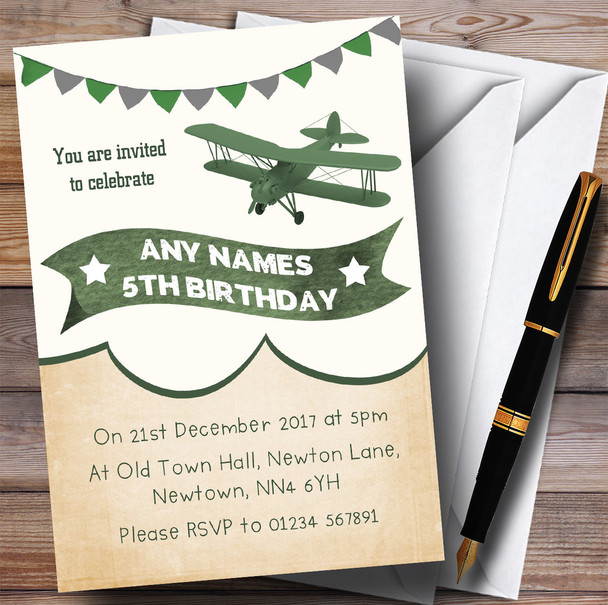 Vintage Plane Cloud Green Children's Birthday Party Invitations