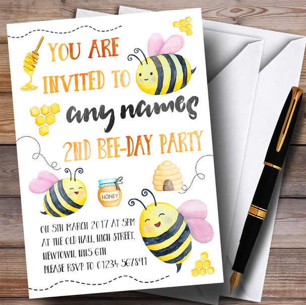 Watercolour Bumble Bees Girls Children's Birthday Party Invitations