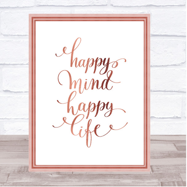 Happy Mind Happy Life Swirl Quote Print Poster Rose Gold Wall Art