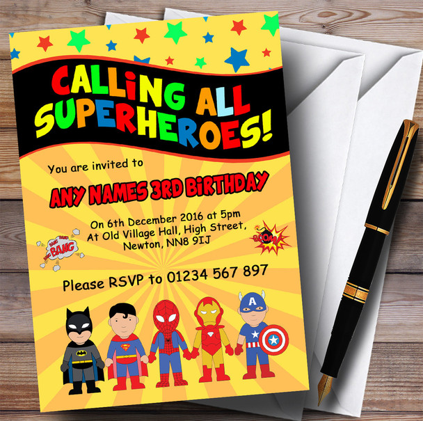 Yellow Superhero Children's Birthday Party Invitations