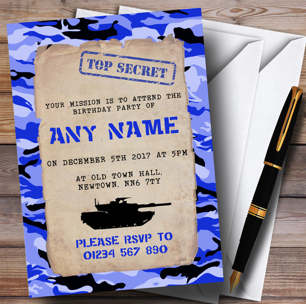 Blue Army Soldier Camouflage Children's Birthday Party Invitations