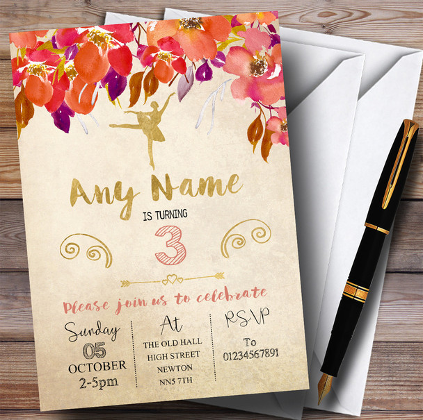 Autumn Gold Ballerina Ballet Children's Birthday Party Invitations