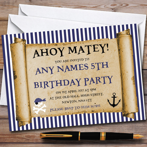 Blue Stripes Pirate Scroll Children's Birthday Party Invitations