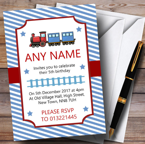 Blue Stripy Train Children's Birthday Party Invitations