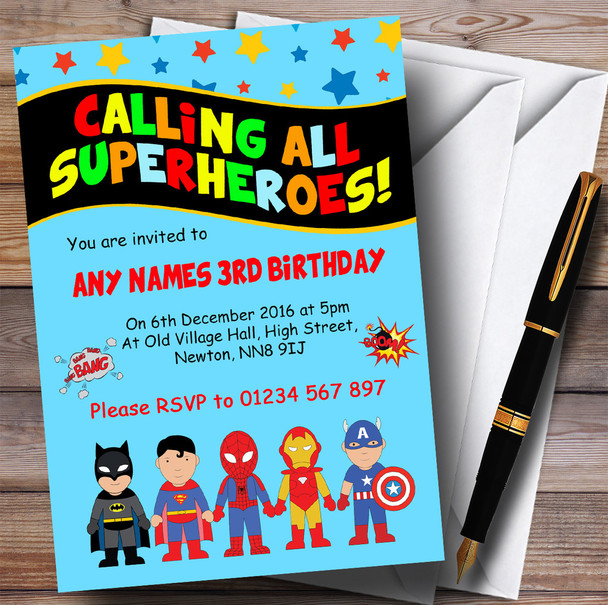 Blue Superhero Children's Birthday Party Invitations