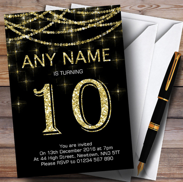 Black & Gold Sparkly Garland 10th Personalised Birthday Party Invitations