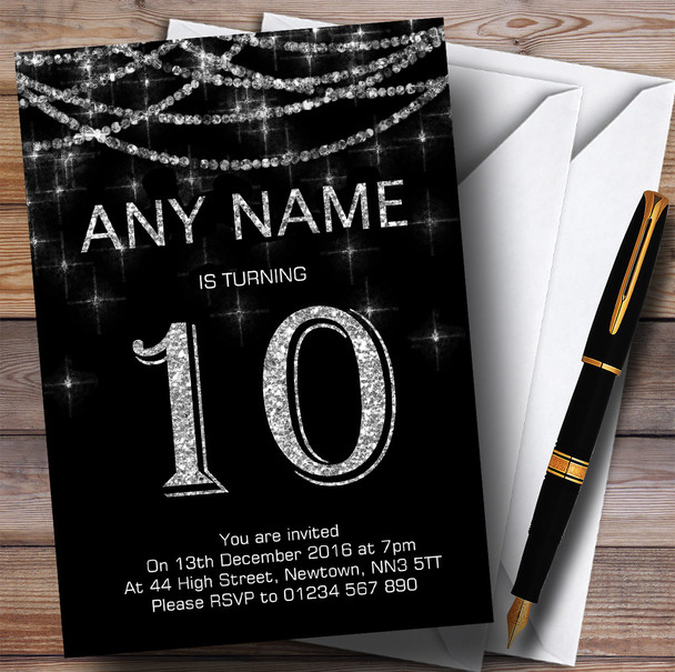 Black & Silver Sparkly Garland 10th Personalised Birthday Party Invitations