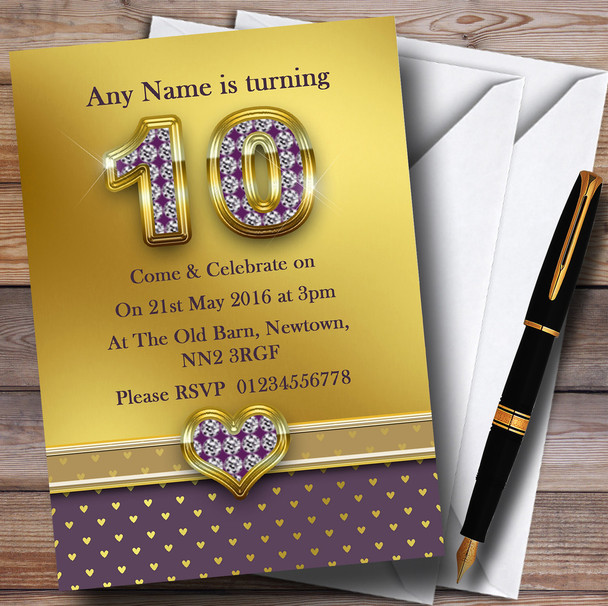 Gold Satin And Purple Hearts 10Th Personalised Birthday Party Invitations