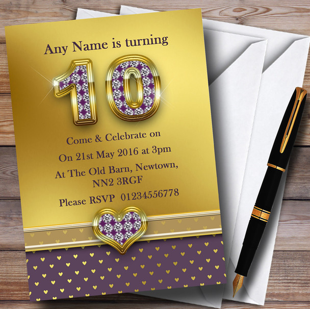 Gold Satin And Purple Hearts 10th Personalised Birthday Party Invitations