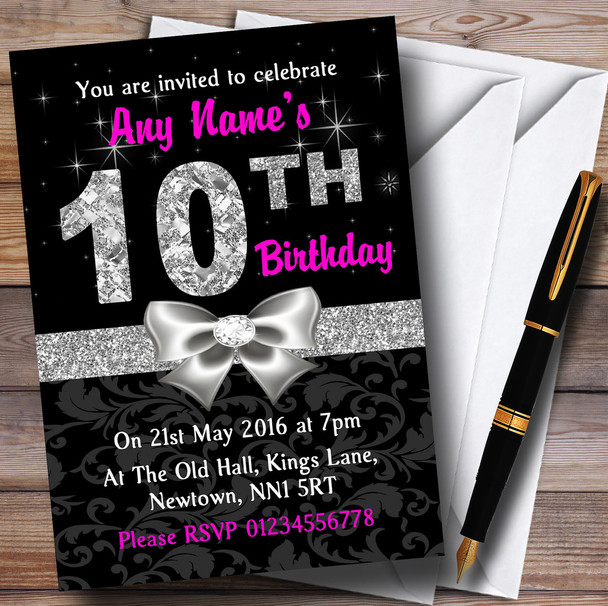 Pink Black Silver Diamond 10Th Birthday Party Personalised Invitations