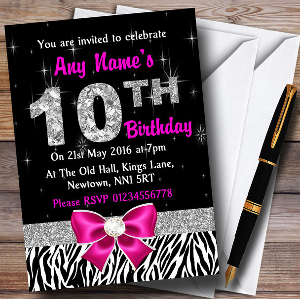 Pink Diamond And Zebra Print 10Th Birthday Party Personalised Invitations