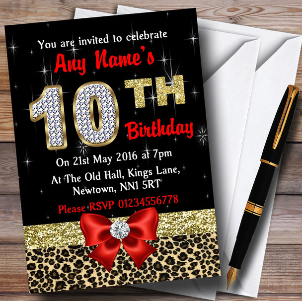 Red Diamond And Leopard Print 10Th Birthday Party Personalised Invitations