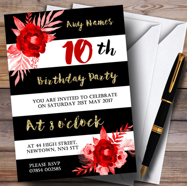 Black White Striped Gold Red Flower 10th Personalised Birthday Party Invitations
