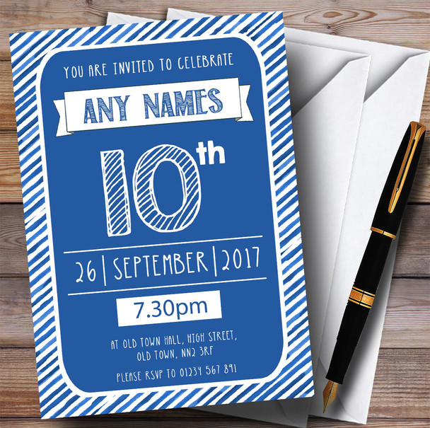 Blue & White Stripy Deco 10th Personalised Birthday Party Invitations