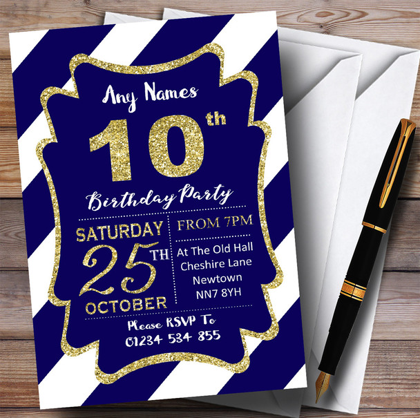 Blue White Diagonal Stripes Gold 10th Personalised Birthday Party Invitations