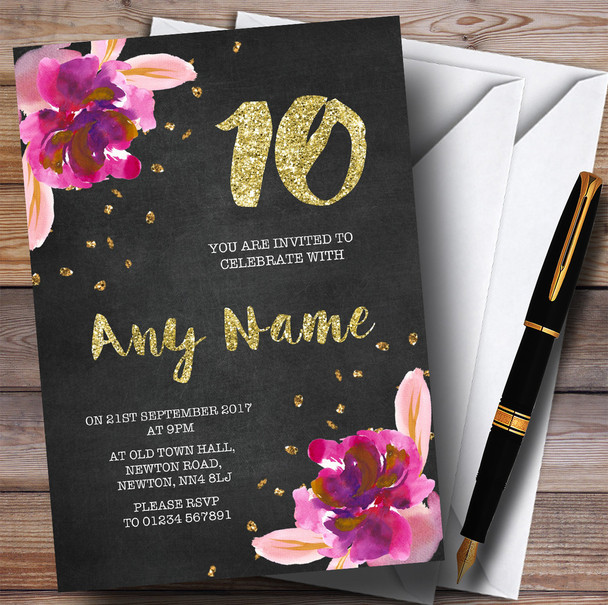 Chalk Gold Confetti Pink Flowers 10th Personalised Birthday Party Invitations