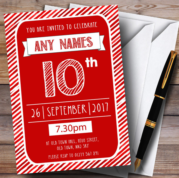 Red & White Stripy Deco 10th Personalised Birthday Party Invitations