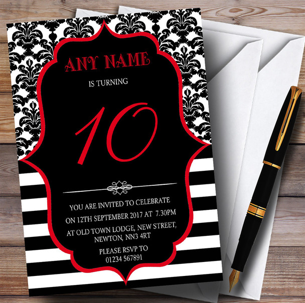 Vintage Damask Red 10th Personalised Birthday Party Invitations