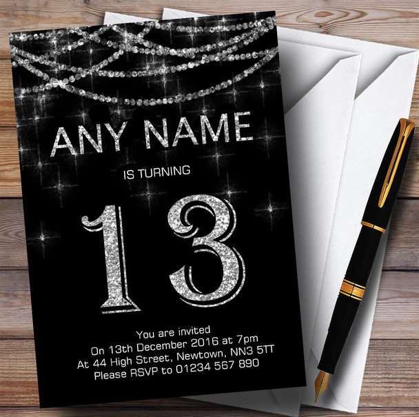 Black & Silver Sparkly Garland 13th Personalised Birthday Party Invitations