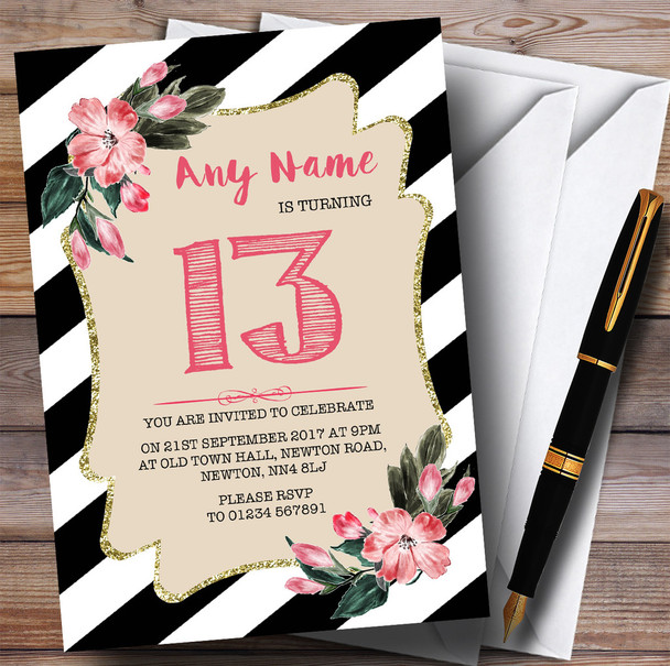 Black & White Striped Pink Flower 13th Personalised Birthday Party Invitations