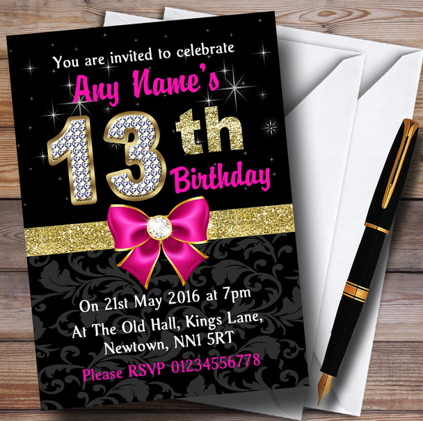 Pink Black Gold Diamond 13Th Birthday Party Personalised Invitations