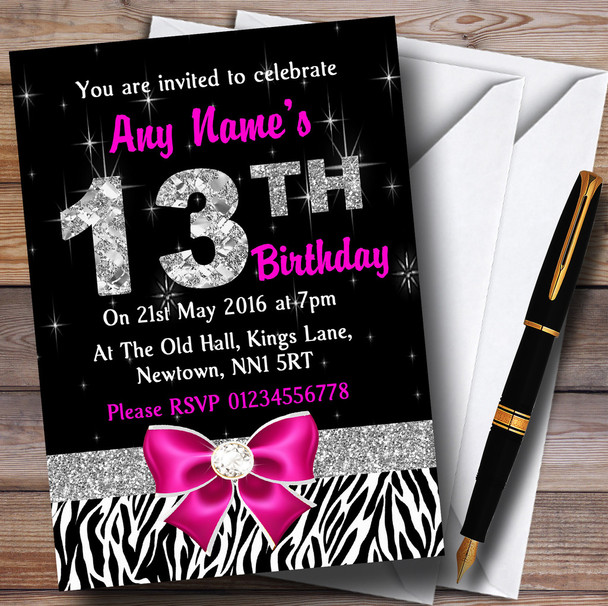 Pink Diamond And Zebra Print 13Th Birthday Party Personalised Invitations