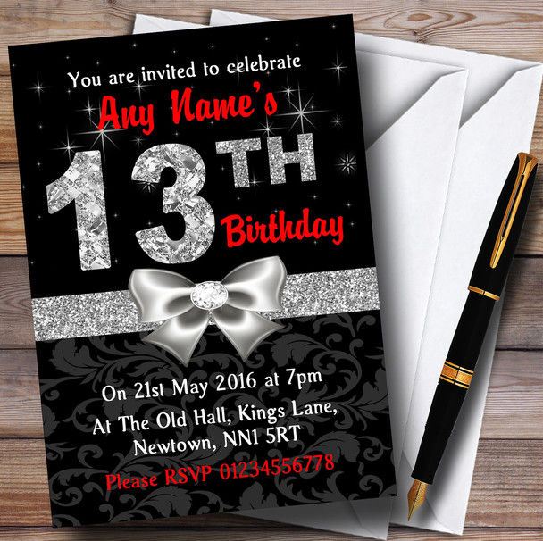 Red Black Silver Diamond 13Th Birthday Party Personalised Invitations