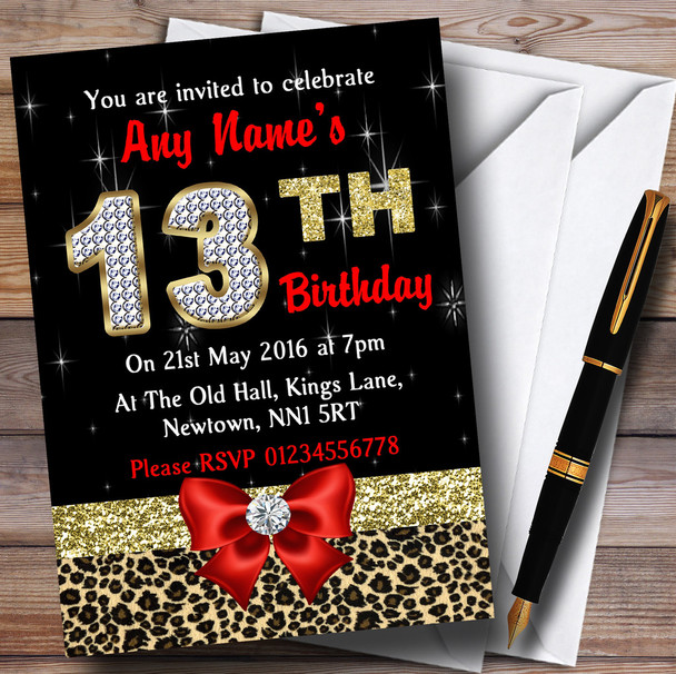 Red Diamond And Leopard Print 13Th Birthday Party Personalised Invitations